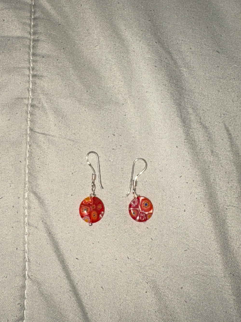 Handcrafted Red Millefiori Glass Drop Earrings with Silver Hooks